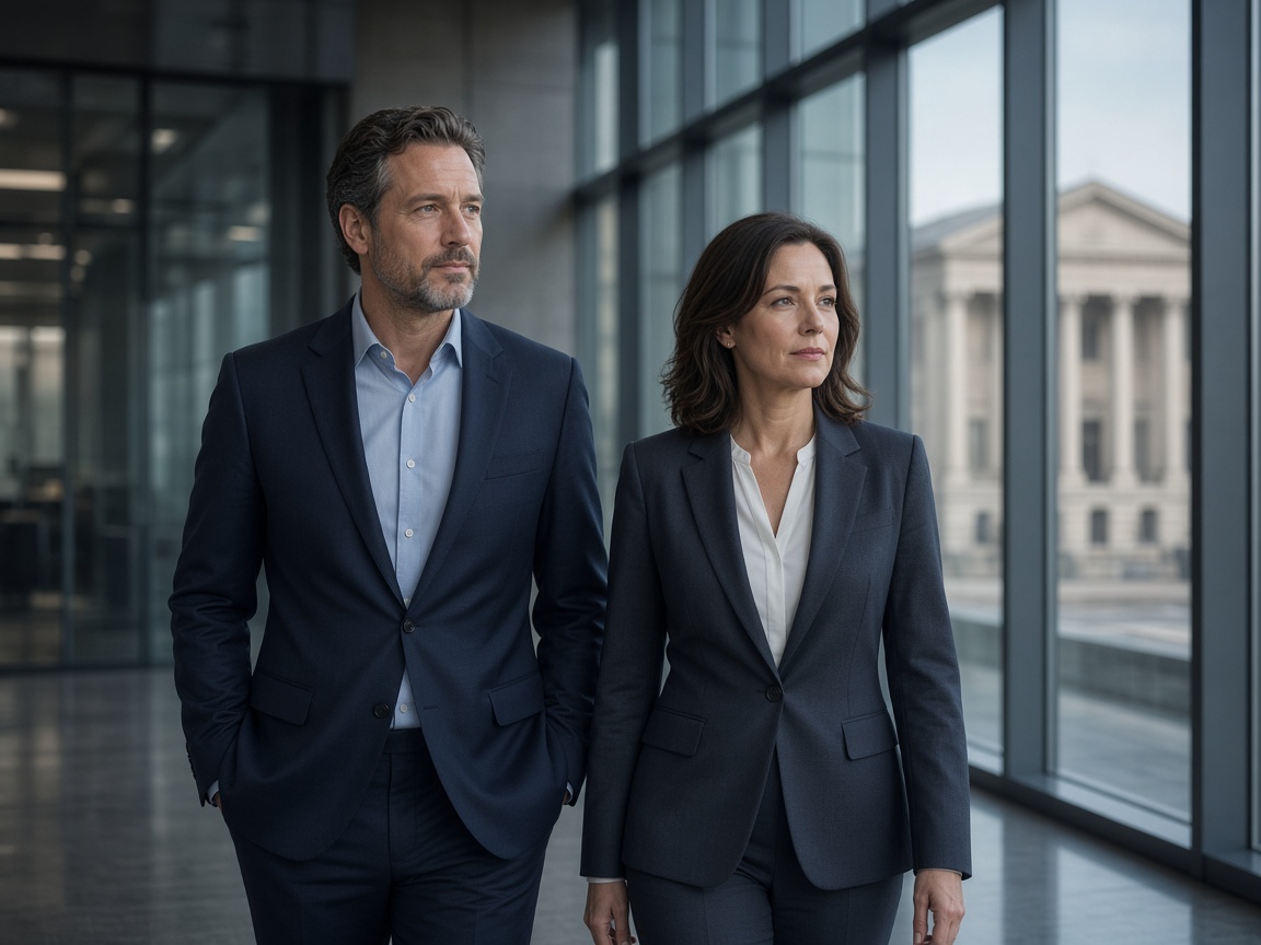 Government contractor professionals in a secure office corridor